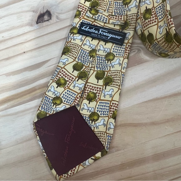 *2/$60* Salvatore Ferragamo Yellow Horse and Farm Silk Tie - Picture 9 of 12